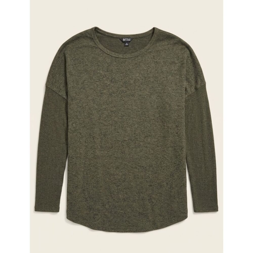 Buffalo David Bitton Womens XL Olive Green Knit Top Long Sleeve Scoop Neck
